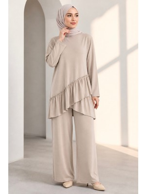 İmaj Butik Bej Eteği Fırfırlı Tunik Pantolonlu Modal Takım