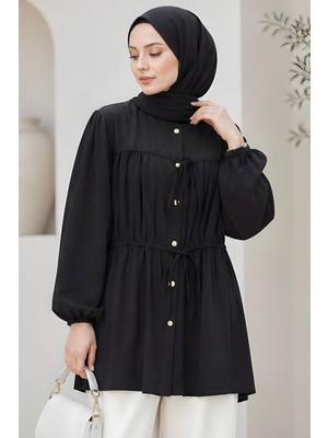 İmaj Butik Siyah Ön Bağlamalı Büzgülü Gömlek