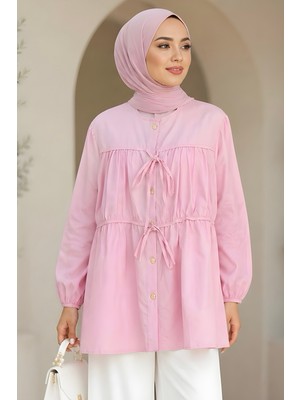 İmaj Butik Pembe Ön Bağlamalı Büzgülü Gömlek