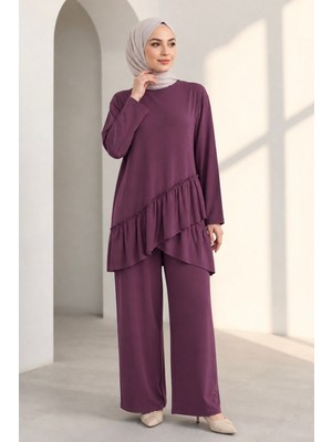 İmaj Butik Mürdüm Eteği Fırfırlı Tunik Pantolonlu Modal Takım