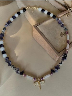 Amabel Jewelerys Ametist, Akuamarin, Kristal Kuvars Doğal Taşlı Yusufçuk Charmlı Kolye (Anneler Günü Bileklik Hediye)