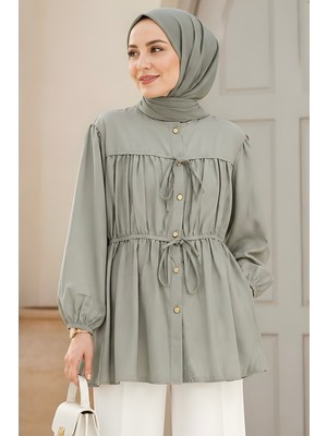 İmaj Butik Mint Yeşili Ön Bağlamalı Büzgülü Gömlek