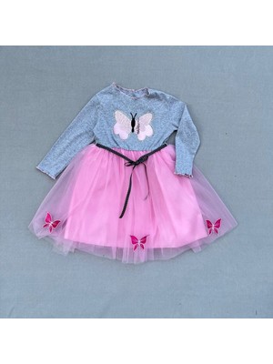 Renas Store 5-6-7 Yaş Taşlı Desenli Kurdela Kuşaklı Astarlı Kız Çuk Tütü Elbise Pembe