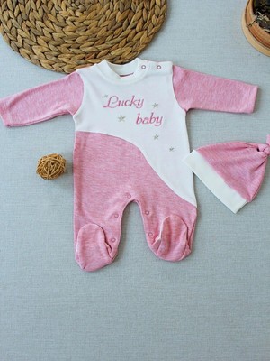 Renas Store 0-3 3-6 Ay Lucky Turk Nakışlı Es Çizgi Boy Şapkalı Kız Bebek Tulumu Pembe