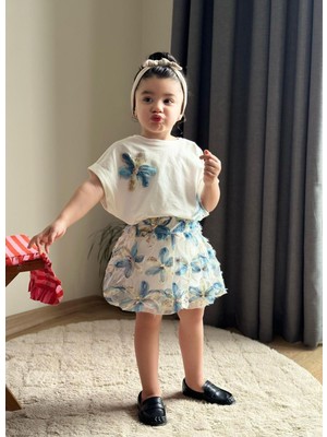Butik Kız Çocuk 3 Boyutlu Çiçek Desenli Etekli 2'li Takım