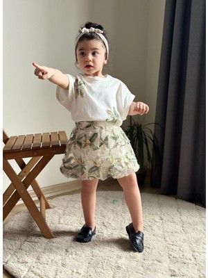 Butik Kız Çocuk 3 Boyutlu Çiçek Desenli Etekli 2'li Takım
