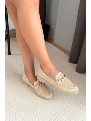 M&B COLLECT Kadın Marie Bej Triko Metal Tokalı Kadın Loafer Günlük Makosen Ayakkabı
