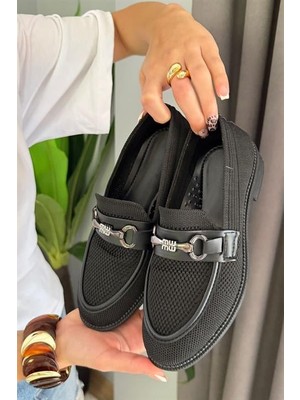 M&B COLLECT Kadın Marie Siyah Triko Metal Tokalı Kadın Loafer Günlük Makosen Ayakkabı