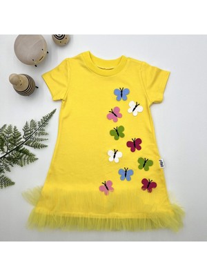 Uravas Store 1-2-3 Yaş Renkli Kelebekler Nakışlı Eteği Fırfırlı Jile Çuk Elbisesi Sarı