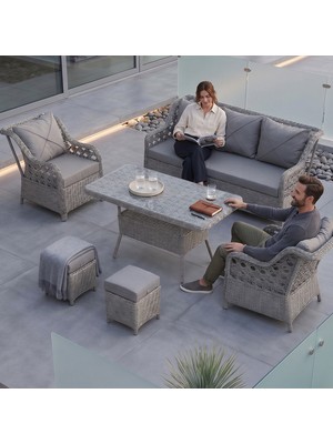 Canisa Anemon Serisi 1. Sınıf 3+1+1+2 Puf Gri Rattan Gri Minder Bahçe Balkon Oturma Koltuk Takımı