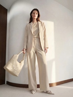 LC Waikiki Lcw Modest Bej Beli Lastikli Geniş Paça Kadın Pantolon