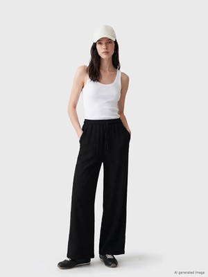 LC Waikiki Lcw Comfort Siyah Beli Lastikli Geniş Paça Kadın Pantolon