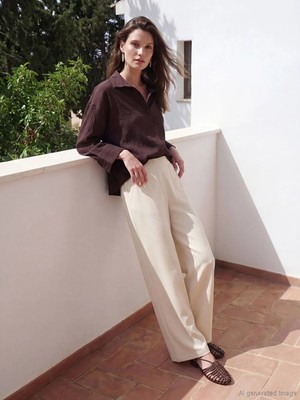 LC Waikiki Lcw Modest Bej Beli Lastikli Geniş Paça Kadın Pantolon