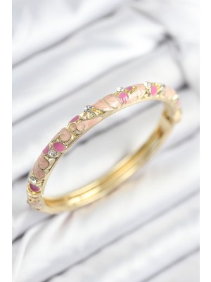 Renas Store Mineli Pirinç Zirkon Taşlı Pembe Çiçek Motifli Gold Kadın Kelepçe - TJ-BB7817