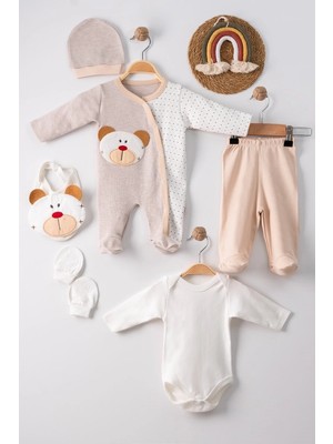 Renas Store Ayıcık Nakışlı Tulumlu % 100 Pamuk Erkek Bebek 5'li Set