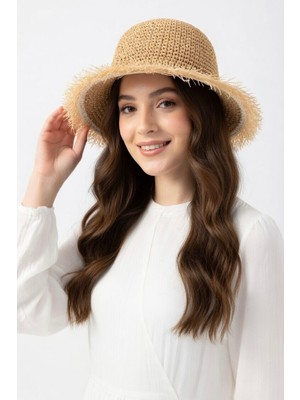 Mollycrush Kadın Camel Saçaklı Premıum Hasır Bucket – Güneş Koruyucu Yazlık Plaj Şapkası
