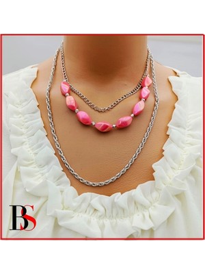 BijuStore Pembe Boncuk Dorika Aparat Çok Sıralı Kadın Kolye