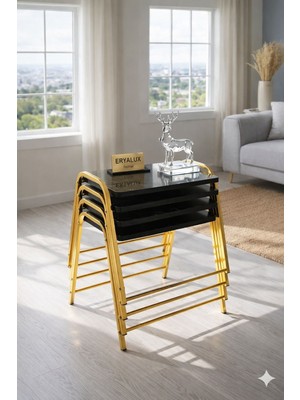 Eryalux Home 4'lü Tepsi Model Gold-Siyah Mermer Modern Zigon Sehpa