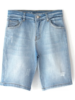 DobaKids Urban-Denim Flex Erkek Çocuk Kot Kapri Boru Paça Denim Ayarlanabilir Bel Eskitme Detaylı Mavi