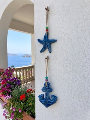 Fi Hediyelik Deniz Yıldızı Çıpa Duvar Süsü Seramik 2’li Set Ege Esintili Dekoratif Balkon Süsü