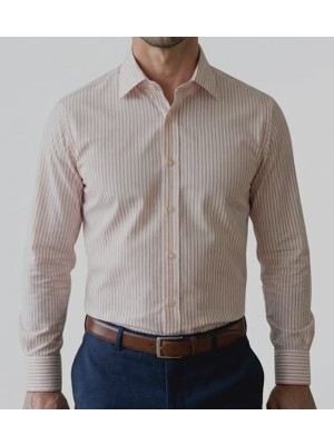 Gianco Mardini Erkek Beyaz Ince Turuncu Çizgili Pamuklu Regular Slim Gömlek