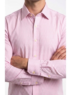 Gianco Mardini Erkek Beyaz Ince Pembe Kareli Pamuklu Regular Slim Gömlek