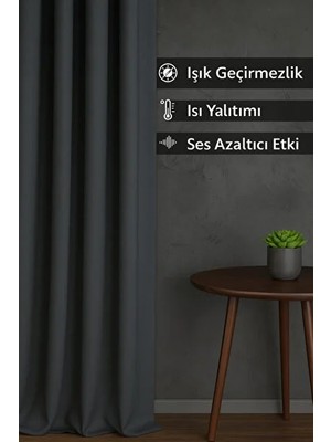 Taç Antrasit Blackout Işık Geçirmez Kornişli Karartma Saten Perde Lüks Fon Perde Antrasit Düz Dikim