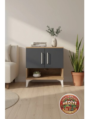 Luna Komodin 2 Raflı 2 Kapaklı 60X44X64 Çam-Antrasit | Modern Yatak Odası Mobilyası