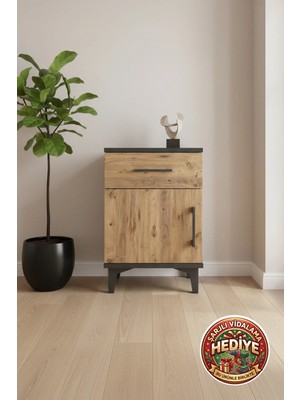 Luna Komodin Antrasit-Çam: Tek Çekmeceli, Tek Kapaklı, 44X44X64 cm - Şık ve Fonksiyonel