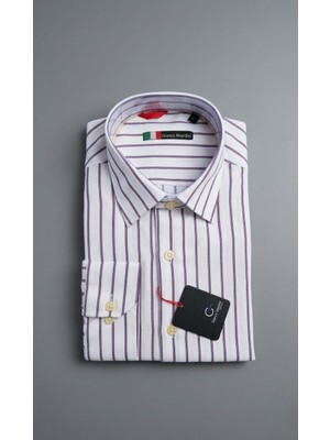 Gianco Mardini Erkek Beyaz Bordo Çizgili Pamuklu Regular Slim Gömlek - Desenli Kumaş