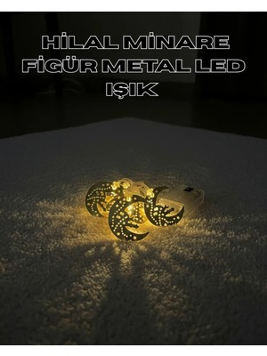 Zenvia Gold Renk Metal Minareli Hilal LED Işık Pilli Ramazan Süsü