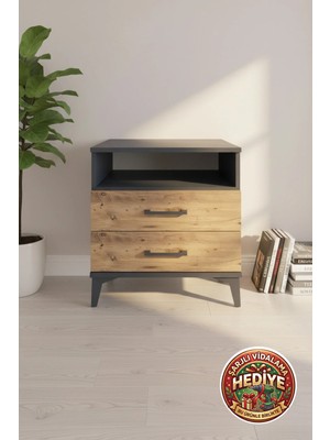 Luna Komodin 2 Çekmeceli 1 Raflı 60X44X64 Antrasit-Çam | Modern Yatak Odası