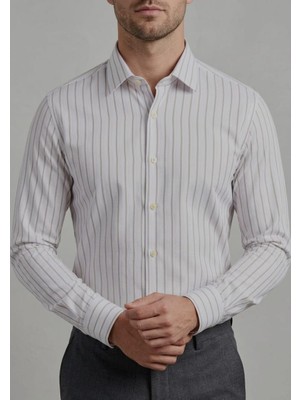 Gianco Mardini Erkek Beyaz Açık Kahverengi Çizgili Pamuklu Regular Slim Gömlek - Desenli Kumaş