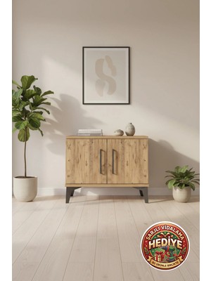 Luna Komodin 2 Kapaklı 1 Raflı 60X44X48 Çam Ağacı Modern Yatak Odası