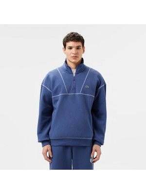 Lacoste Erkek Relaxed Fit Yarım Fermuarlı Renk Bloklu Mavi Sweatshirt