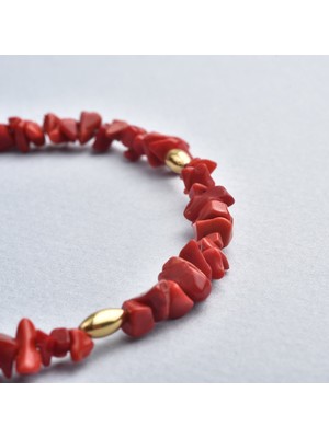 Nox Jewelry 14 Ayar Altın Kaplama Gümüş Kırmızı Mercan Doğal Taş Gümüş Bileklik - BGS00133