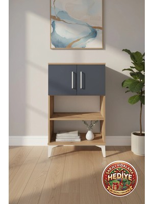 Silva Komodin 2 Raflı 2 Kapaklı Çam Antrasit 60X30X96 cm - Modern Tasarım