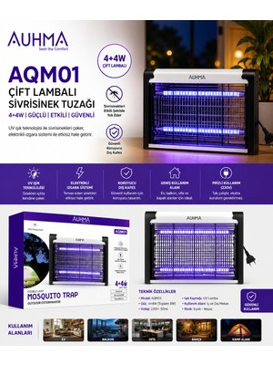 Azurtech Auhma AQM01 Elektrikli Sivrisinek Tuzağı 4+4W Çift Lambalı Uv Işık Sinek Öldürücü Cihaz (Ev & Balkon Kullanımı