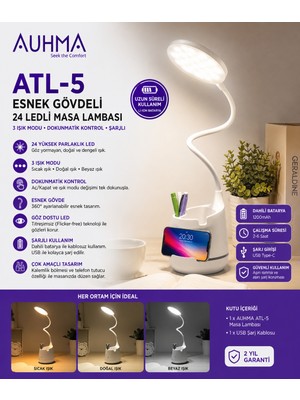 Azurtech Auhma Atl-5 Şarjlı LED Masa Lambası 24 LED 3 Işık Modu Esnek Gövdeli Dokunmatik (Kalemlik & Telefon Tutucu)