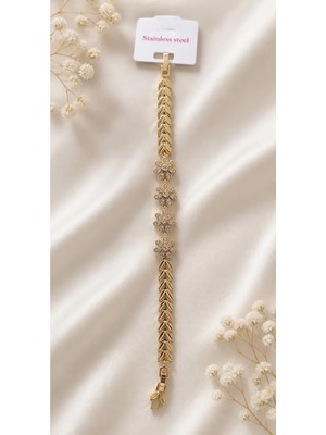 My Takı Store Çelik Vip 14K Gold Renkli Zirkon Taşlı Bileklik