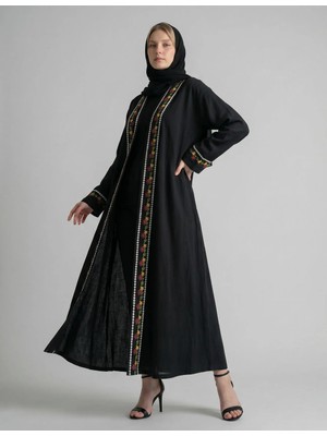 Sıle Atelıer Nakışlı Tesettür Kimono Abaya Salaş Kesim Siyah Uzun Kimono