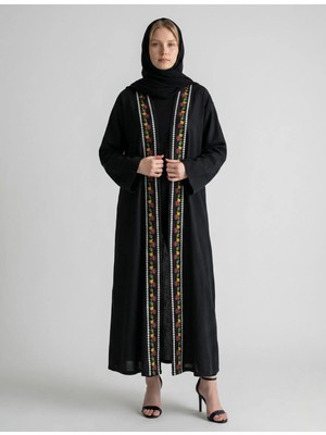 Sile Atelier Sıle Atelıer Nakışlı Tesettür Kimono  Salaş Kesim Siyah Uzun Kimono