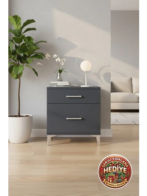 Luna Komodin 2 Çekmeceli Antrasit - 60X44X64 cm | Modern Yatak Odası Mobilyası