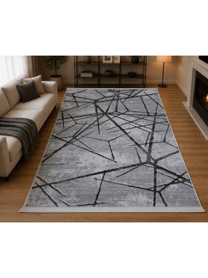 Pars %100 Iplik Dokuma Pamuk Taban 6 M² Gri Siyah Çizgili Modern Salon Halısı Soyut Desenli Dekoratif Yumuşak Dokulu Oturma Odası Halısı