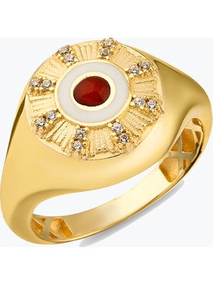 Goldium Jewellery Yuvarlak Kırmızı Taşlı Madalyon Yüzük