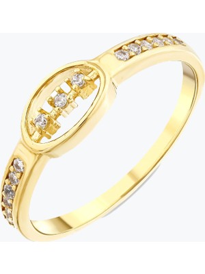 Goldium Jewellery Oval Çerçeve Içinde Üç Taşlı Yüzük