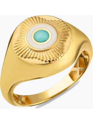 Goldium Jewellery Yuvarlak Mavi Taşlı Madalyon Yüzük