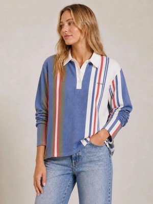 Akabi Online Kadın %100 Pamuk Polo Yaka Çizgili Uzun Kollu Sweatshirt