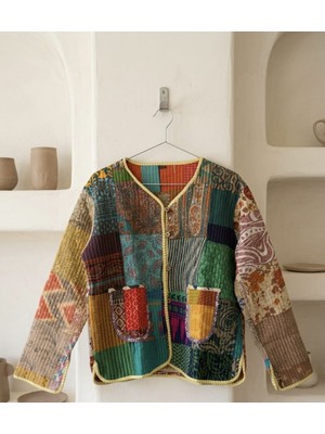 Patchwork Pamuk Kadın Ceket – Çok Renkli Kapitone Bohem Mevsimlik Ceket