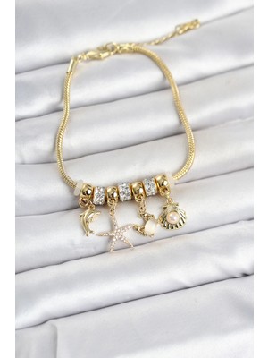 Senka Mey Ithalat® Pirinç Gold Renk Yaz Konseptli Charmlı Kadın Bileklik